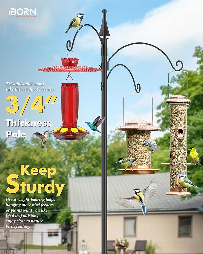 iBorn Shepherds Hooks for Outdoor Clamp On Deck Hook for Bird Feeder 45 Inch Heights Feeder Hangers for Deck Railing Hummingbird Feeders Hanging Tri-Hooks 2024 New (Feeders are Not Included)