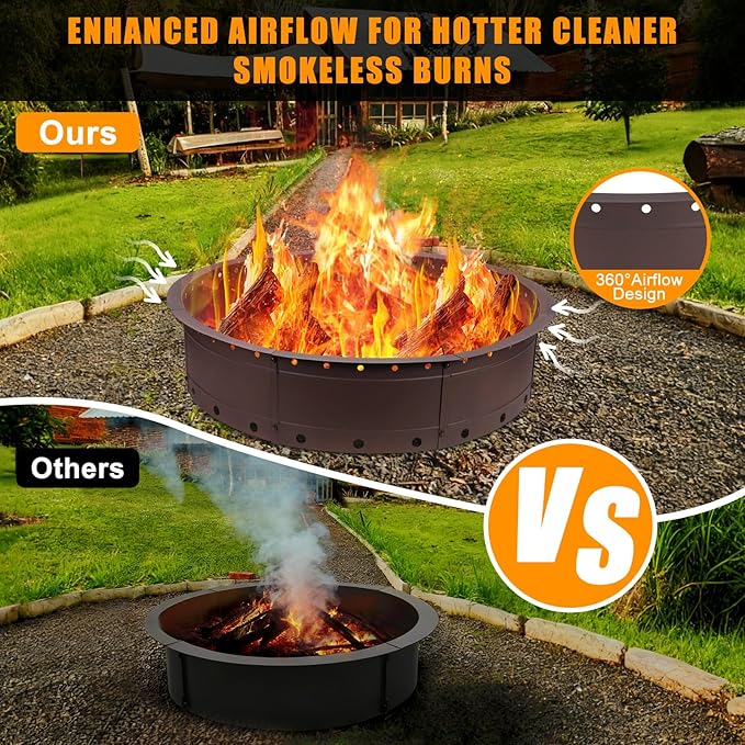 36 Inch Fire Pit Ring, Large Outdoor Campfire Pit for Patio Backyard Garden, Smokeless Steel Firepit with Air Vent for Efficient Burning & Anti-Rust Coating, Brown Steel