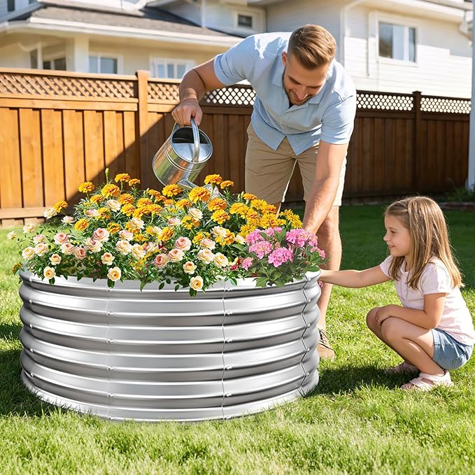 16 Inch Tall Heavy-Duty Round Steel Rised Garden Bed – Wave-Shaped Design Galvanized Metal Planter Box for Vegetables Flowers Succulent at Patio/Garden Outdoor (Silver, 40" Diameter X 16" Tall)