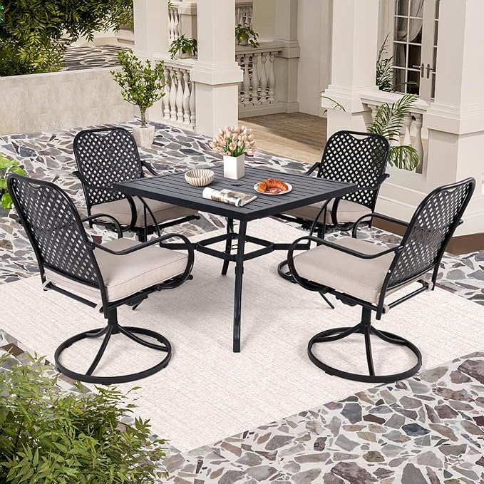 MELLCOM 5 Pcs Outdoor Dining Set, 4 Swivel Rocker Chairs with Thick Cushions & Square Dining Table with Umbrella Hole, Patio Furniture Set for Porch, Beige