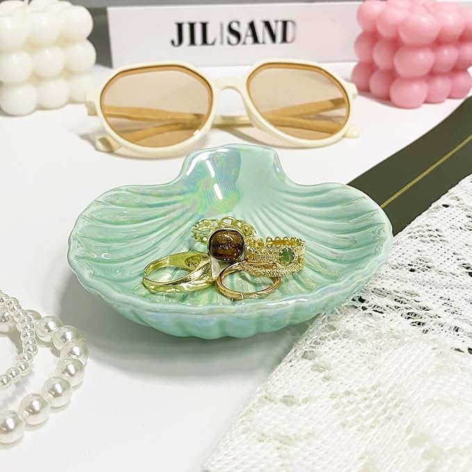 Ceramic Shell Ring Holder Dish, Small Shell Trinket Dish, Beachy Jewelry Plate for Earrings Necklace Valentine's Mother's Day Christmas Birthday Gifts for Women, 3.9", Ice Green Iridescent Surface