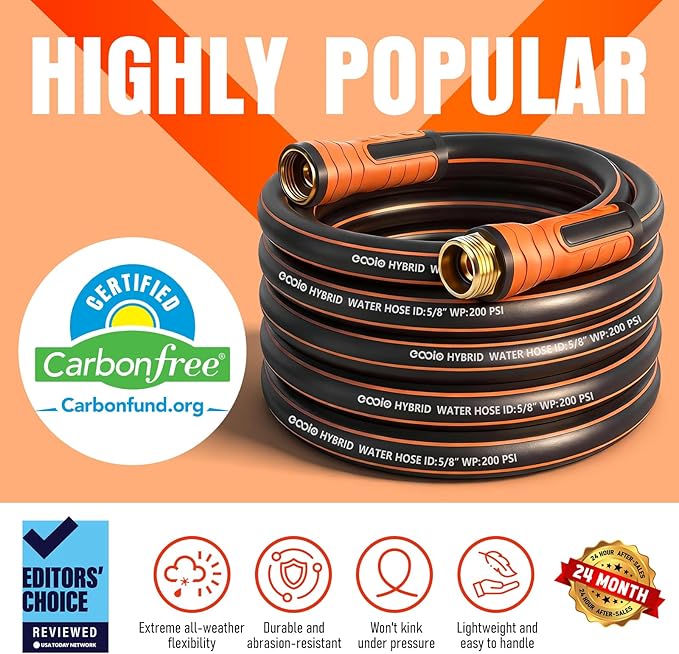 Garden Hose 25 ft x 5/8", Heavy Duty Water Hose, Flexible and Durable, Kink Resistant Lightweight Hybrid Hose, Leakproof Yard Hose with Male to Female Fittings