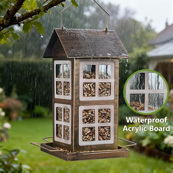 Bird Feeders, Heavy Duty Metal Bird Feeder for Outdoors Hanging, Weatherproof Large Capacity Wild Birdfeeder for Outside Garden Yard, Country House Shape (Vertical)