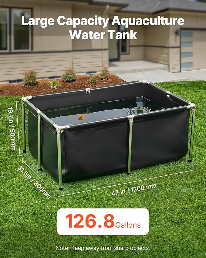 VEVOR Canvas Fish Pond, 126.8 Gal Above Ground Fish Pond, Foldable PVC Koi Tank, Rectangular Goldfish Tank with Stable Frame and Drain Valve, for Aquaculture, Koi Breeding, and Irrigation (Black)
