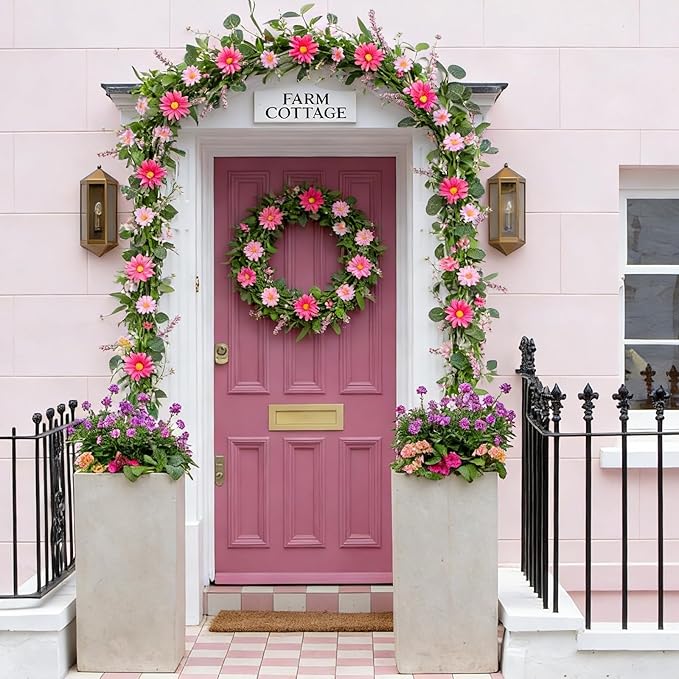 6 Ft Pink Flower Garland Silk Artificial Wildflower Daisy Flowers Faux Floral Garland Spring Flower Hanging Vines with Green Leaves for Fireplace Wedding Arch Wall Home Indoor Outdoor Party Decor