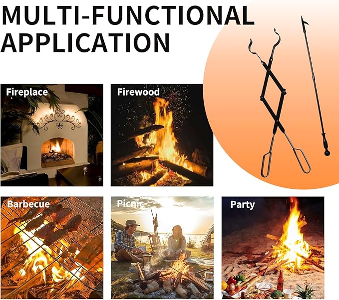 Heavy Duty 26'' Fireplace Fire Pit Campfire Tongs and 32'' Fire Pit Poker, Fireplace Tool Set, Portable Log Grabbers, for Fireplaces, Fire Pits, Campfires, Wood Stoves, Camping, Bonfires (Black)