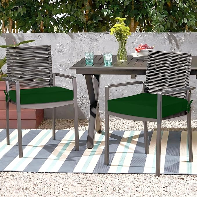 Waterproof Outdoor Chair Cushions Set of 2, Square Outdoor Seat Cushions with Ties and Removable Covers, 19 x 19 Outdoor Cushions for Patio Furniture with Portable Handle(Forest Green)