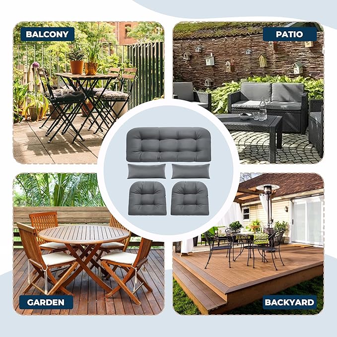 Wicker Chair Cushions of 5 Pieces, Waterproof Outdoor Loveseat Cushion for Wicker Furniture, 1 Love Seat Cushion, 2 U-Shape and 2 Lumbar Pillows for Patio Furniture (Grey)