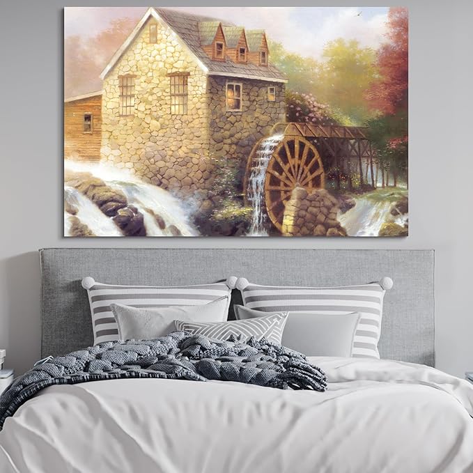 STUDIO HAVEN Thomas Kinkade Canvas Wall Art, Watermill Cottage Wooden Wheel Rushing Stream and Rustic Charm Oil Painting Poster Countryside Wall Decor, Framed Prints for Home Decor, 40x28Inch