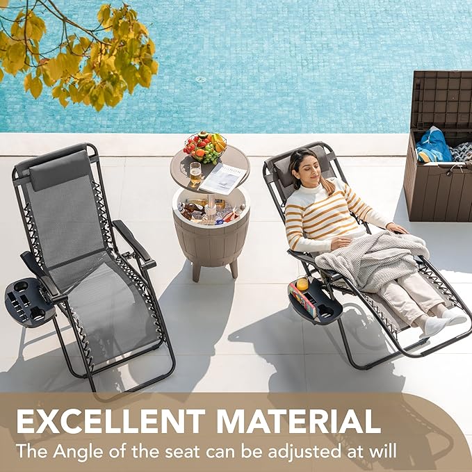 Devoko Patio Zero Gravity Chair Outdoor Folding Adjustable Reclining Chairs Pool Side Using Lawn Lounge Chair with Pillow Set of 2 (Grey)