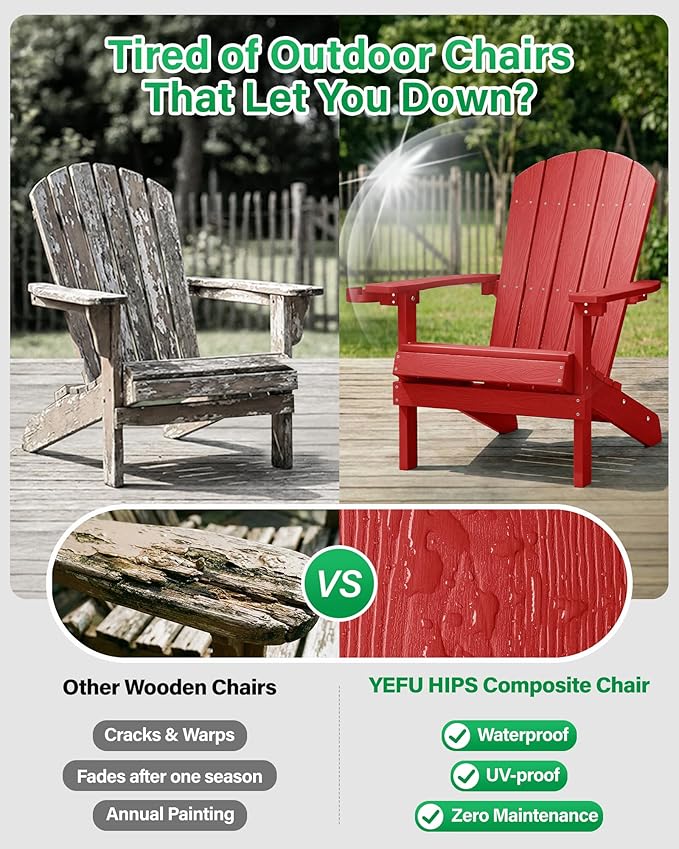 YEFU Adirondack Chairs Set of 8: Plastic Adirondack Chairs - Patio Chairs with Wood Texture - Outdoor Chair HIPS - Lawn Fire Pit Deck Porch Garden Chairs for Adults (Red)