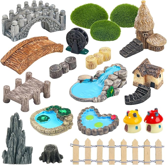 21 Pcs Fairy Garden Miniatures Accessories Bridge House Landscape Water Well Fence Figurines Pond Mushroom Lawn Garden Ornament for DIY Craft Succulent Decor