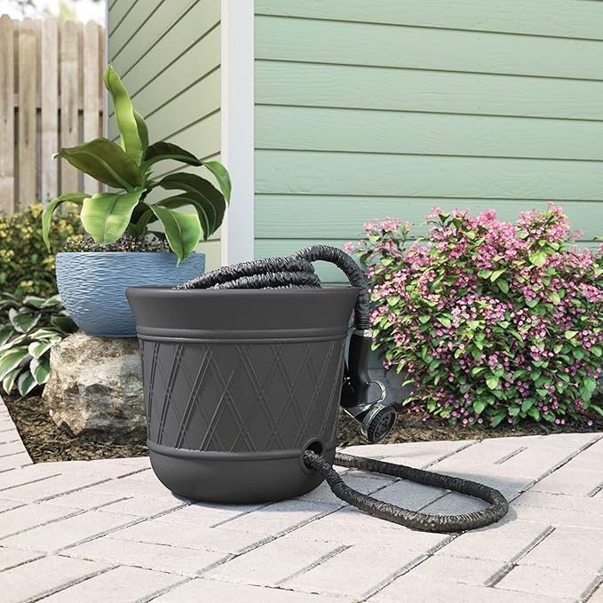 Suncast 4 Pack 14" x 12" Round Resin Decorative Weatherproof Outdoor Hideaway Standard Garden Hose Storage Pot with Drainage Holes, Gray