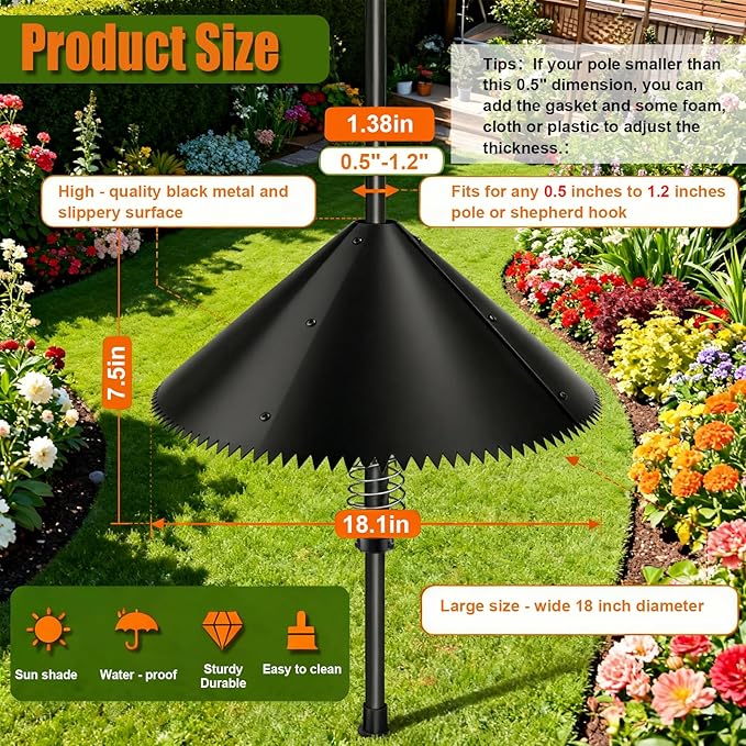 Metal Squirrel Baffle for Bird Feeder Pole, 18 Inch Wide Heavy-Duty, Universal Fit for 0.5-1.5 Inch Poles, Weatherproof & Chew-Proof Squirrel Deterrent, Bird House Guard for Outdoor Shepherd’s Hook