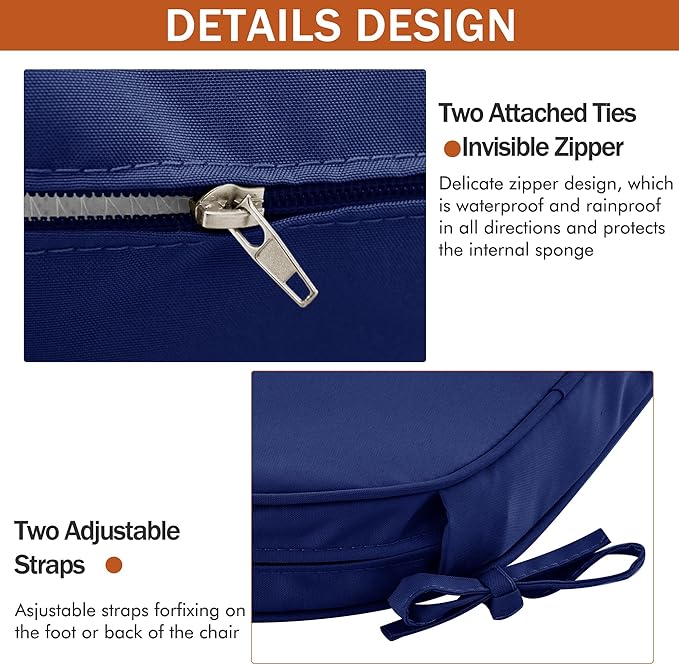 Outdoor Chair Cushions Set of 4 Waterproof Patio Chair Cushions with Tie 5 Year Color Fastness Thick Outdoor Seat Cushion for Garden Lawn Round Corner Navy 17x16 Inch