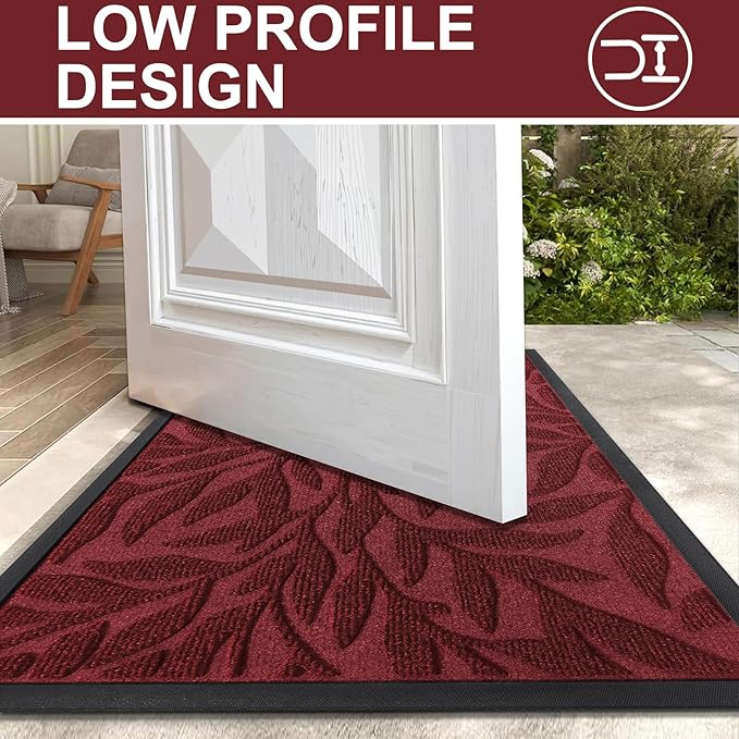 Smiry Front Door Mat Indoor Outdoor Entrance, Heavy Duty Natural Rubber, Trap Dirt and Moisture, Non-Slip Doormats, Low Profile, Easy Clean Patio Porch Entryway Mat, 47x34, Wine Red