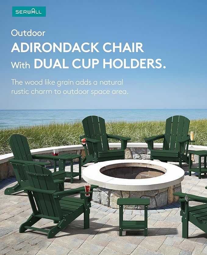SERWALL Adirondack Chair with Cup Holders - Composite Adirondack Chairs Set of 4 HDPE Outdoor Chairs All Weather Use- Green