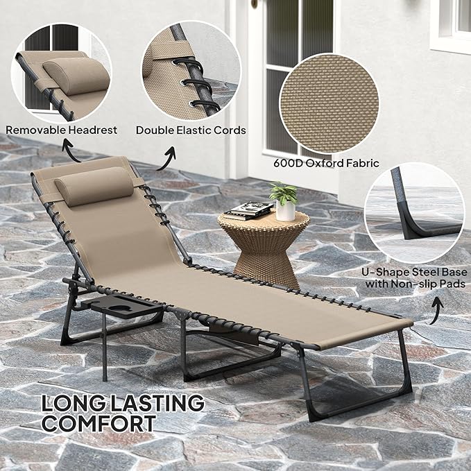 Outsunny Folding Chaise Lounge Chair Outdoor Tanning Chair with Side Table, 5-Level Adjustable Beach Lounge Chair with Headrest, Side Pocket for Patio, Backyard, Beach, Poolside, Beige