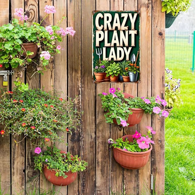 Funnysign Vintage Crazy Plant Lady Tin Sign, Funny Rustic Garden Wall Decor with Succulents & Potted Plants, Metal Wall Art for Patio, Porch, Greenhouse, Plant Room or Home, 8x12 Inch (9816)