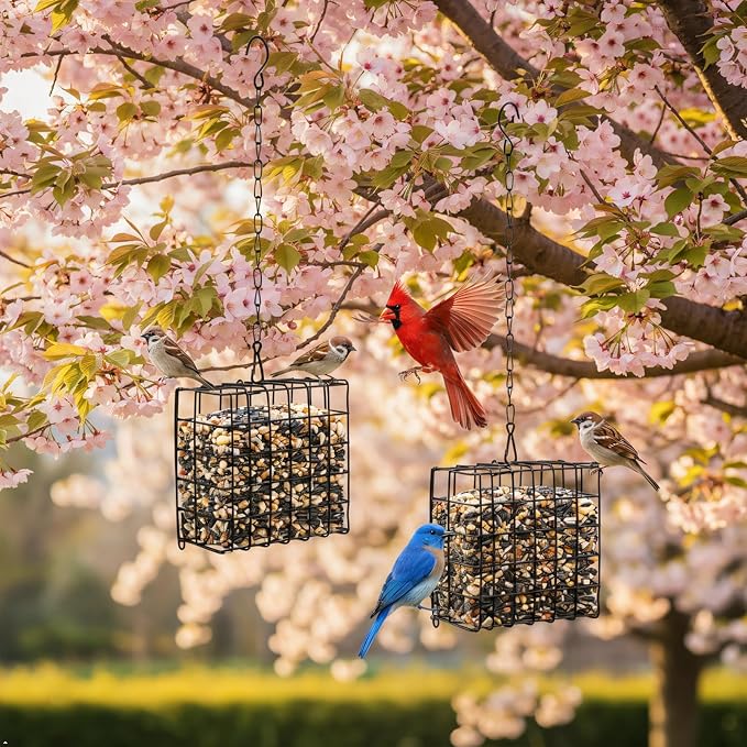 2-Pack Metal Suet Feeder Cage - Easy Fill Wire Mesh for Suet Blocks, Fruit & Birdseeds - Year-Round Outdoor Hanging Bird Feeder