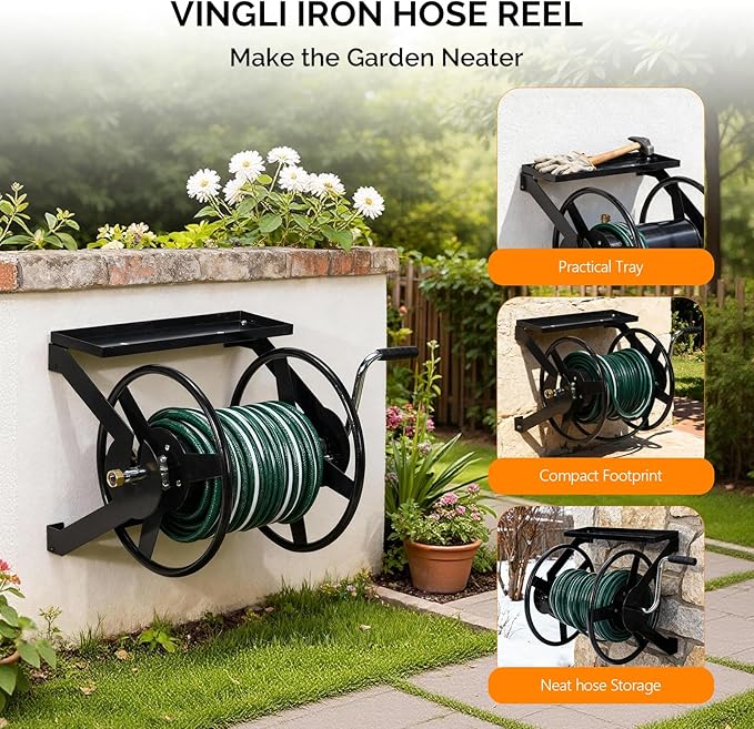 VINGLI Garden Hose Reel, Wall Mount Water Hose Reel for Garden Outside with Heavy Duty Space Saving Rolling Design Metal, 175FT Capacity for 3/4" Hose for Outdoor Use (Black)