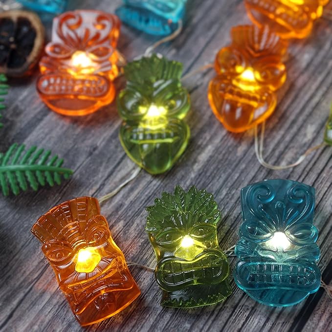 Indoor Tiki Bar and Dorm Room Decorations, 7FT 20PCS Colorful Tiki Mask LED String Lights, USB Powered with Battery Box, Tropical Party Fairy Lights for Bedroom Wall Shelf Summer Décor