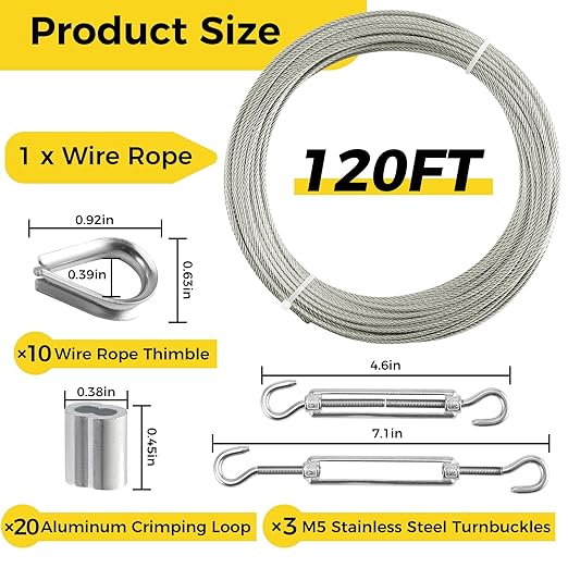 1/8 Inch Wire Rope, 120FT Stainless Steel Cable, 7x7 Strands Steel Wire Kit with Turnbuckles, Sleeves, Thimbles - Aircraft Cable for Garden, String Light Hanging, Deck Railing, DIY Projects