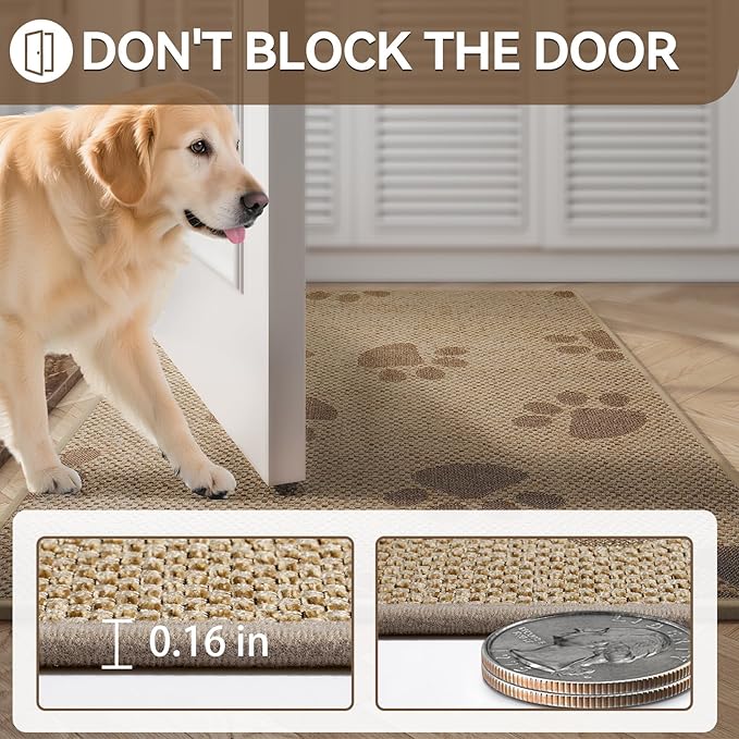 Door Mat Indoor Entrance 17"x30", 0.16" Thin Paw Print Low Pile Doormat, Non Slip Welcome Mat, Trap Dirt and Moisture, Easy Clean, Brown