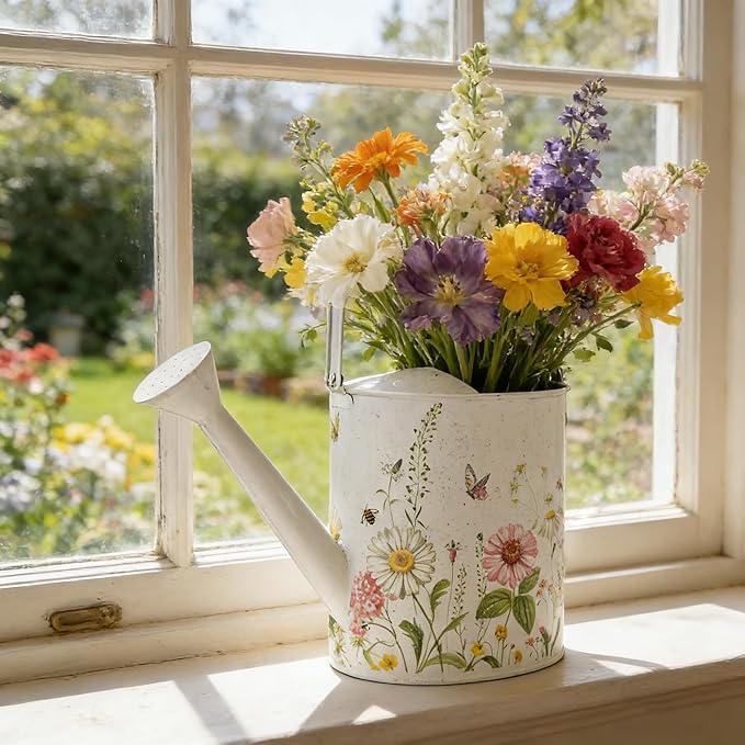Vintage Floral Metal Watering Can for Indoor/Outdoor Plants, White Functional Garden Waterer with Long Spout, Garden Water Pot Rustic Decor for Home Garden Patio