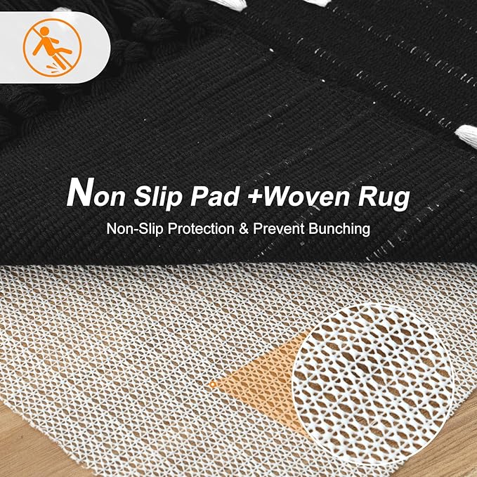 LIVEBOX Boho Black Kitchen Rug Non Slip, Washable Bathroom Runner Rug and Pad Gripper, Laundry Room Cotton Blend Woven Carpet Mat with Tassels (Set of Black Rug + Non Slip Pad, 2' x 4.3')