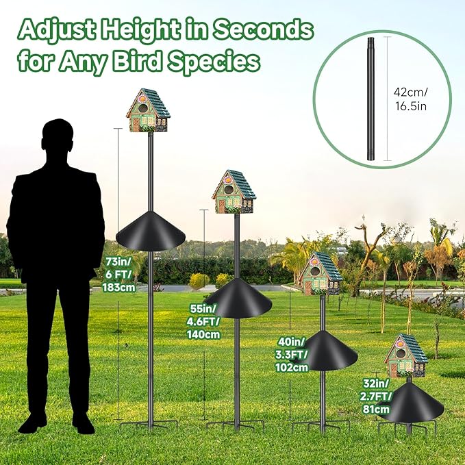 Smart Bird Feeder Pole with Squirrel Baffle & Bath-Heavy Duty Adjustable 3-6.6ft Universal Stand Mount for Backyard&Outdoor Bird Houses/Cameras (80" Pole-Baffle)