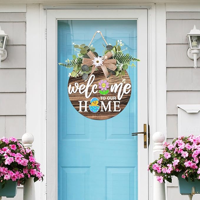Interchangeable Welcome Sign for Front Door with 4 Seasonal Wreaths and 21 Changeable Icons, Farmhouse Rustic Outdoor Welcome Signs Porch, Holiday Spring Summer Winter Fall Decorations for Home Gifts