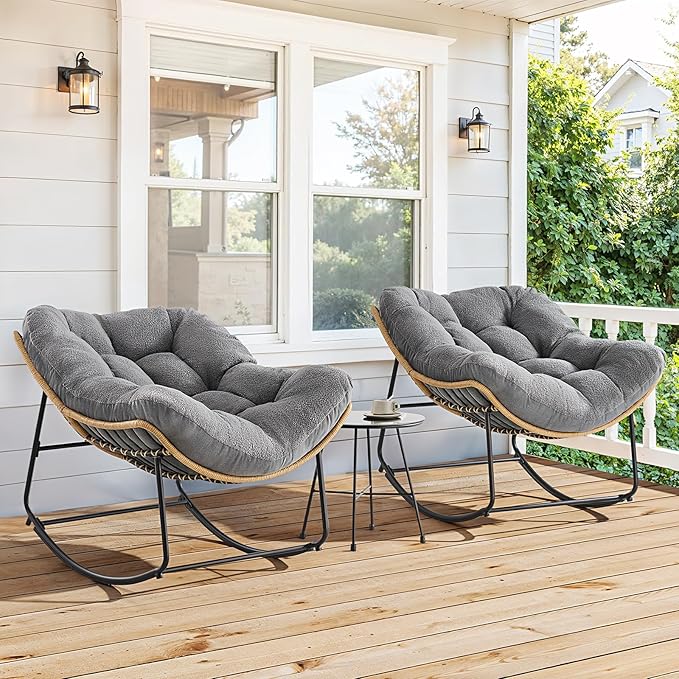ONBRILL Outdoor Rocking Chairs, Oversized Papasan Rocking Chair Indoors with Padded Cushions, Rattan Wicker Lounge Chair for Living Room, Porch, Patio, Garden, Grey
