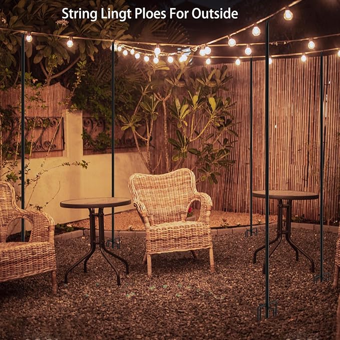 4 Pack 9.3Ft String Light Poles, Outside Metal Poles with Fork, Lighting Hanging Post Accessories for Patio Decor Garden Backyard Yard Front Porch Outside Decorations