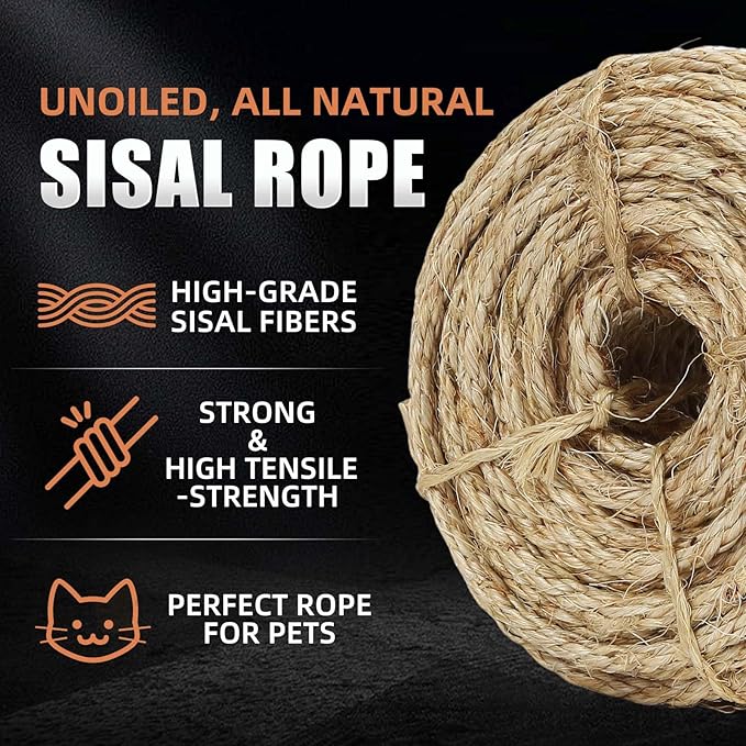 Twisted Sisal Rope 1/4" x 50ft - All Natural Chemical Free, Cat Tree Rope Twine for Scratching Post Repair, Replacement, and Crafts Gardening Home Decorating