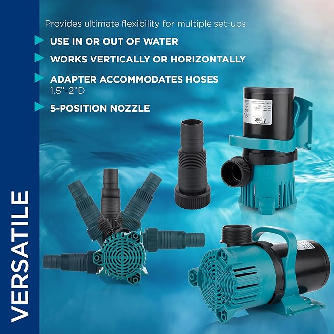 Alpine Corporation 4700 GPH Vortex Submersible Water Pump with 20 Ft Cord for Ponds, Fountains and Water Circulations, Quiet Operation Vertical/Horizontal, 18.5 Ft Lift 216 Watts, Black/Teal