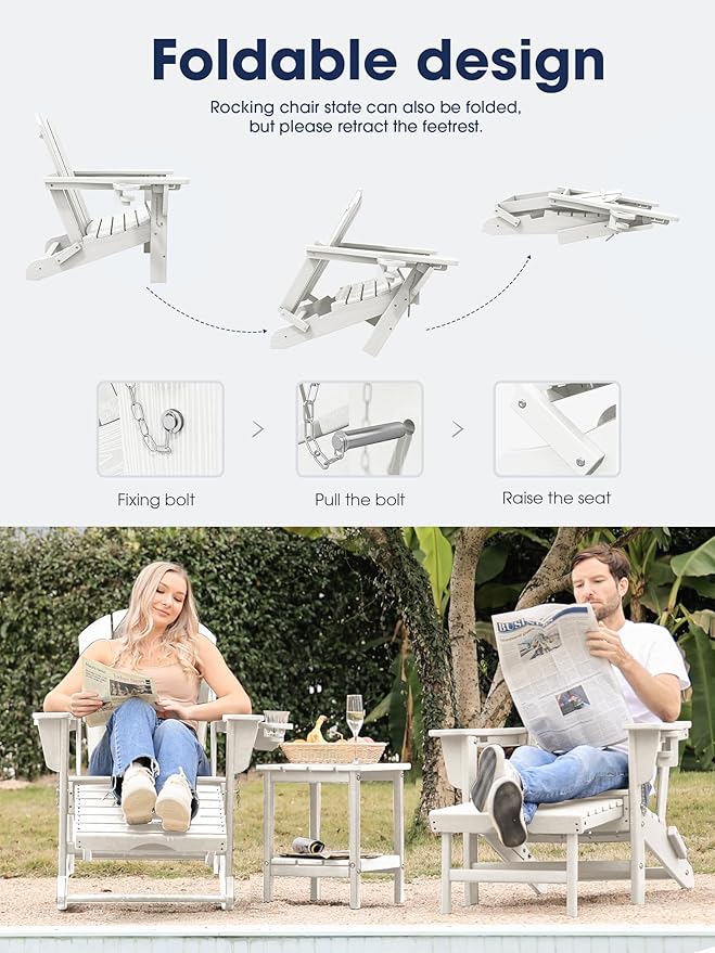 KINGYES Adirondack Rocking Chair Set of 2 with Retractable Ottoman and Cup Holders, HDPE Adirondack Rocker Patio Rocking Chair for Porch, Patio, Balcony, White