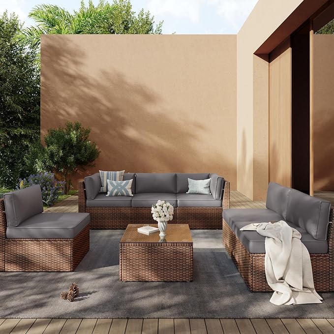 Aoxun Outdoor Replacement Cushions for Patio Furniture, Deep Seat Outdoor Cushions for 6-Seat Wicker Sectional, 14-Piece Water-Repellent Cushion for L-Shape Couch (Dark Grey)