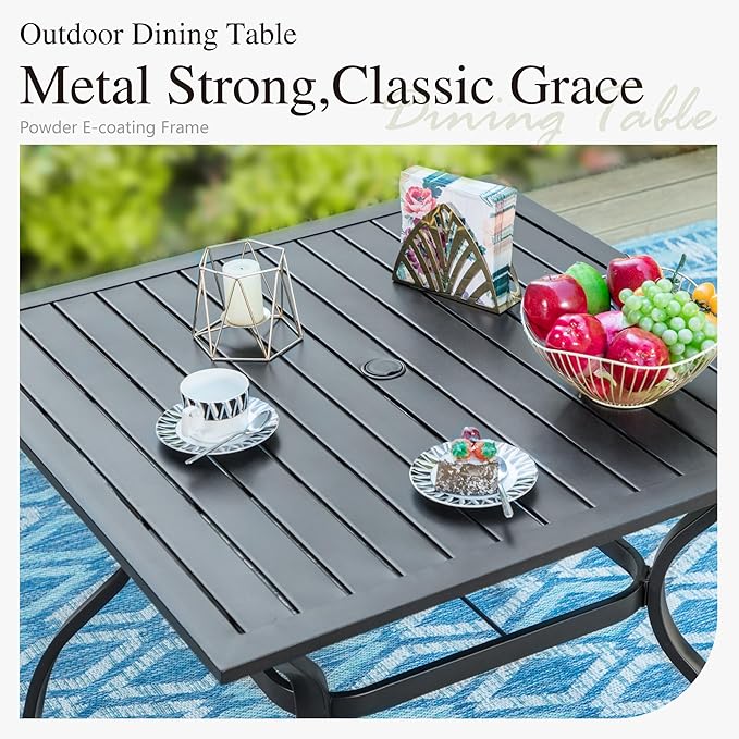 PHI VILLA Metal Patio Outdoor Table and Chairs 5 Piece Dining Set - 37" Square Bistro Table and 4 Backyard Garden Chairs, Table with 1.57" Umbrella Hole
