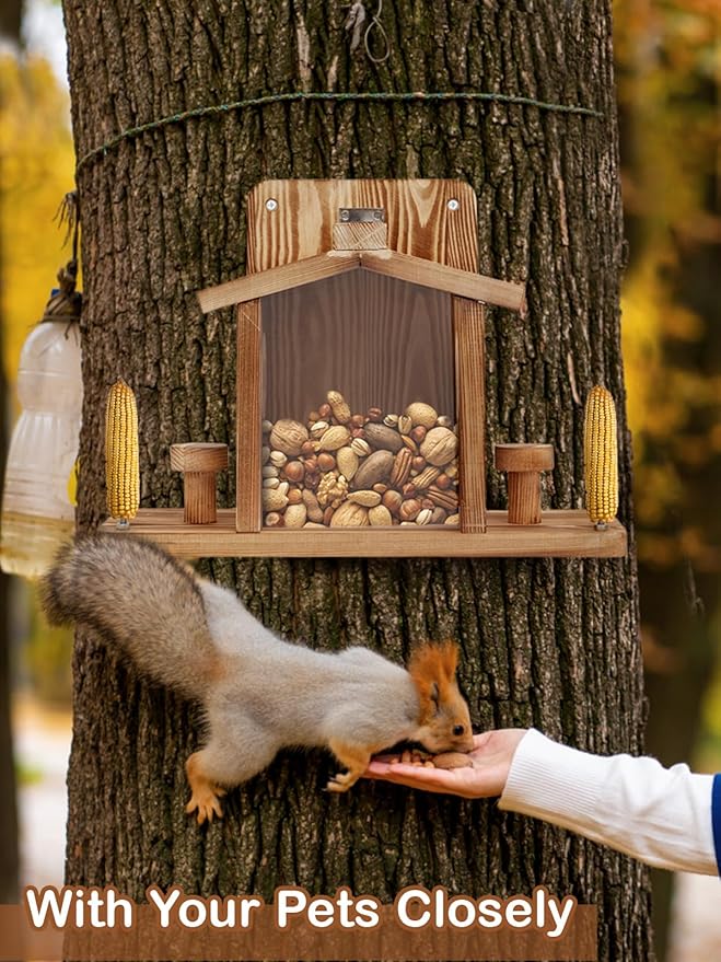 Squirrel Feeder for Outside, Durable Wooden Squirrel Feeder Platform, Funny Squirrel Houses Picnic Table, Squirrel Feeders for Outdoors Tree Peanuts Nuts Corn Cobs Holder Wooden Chipmunk Feeder Box