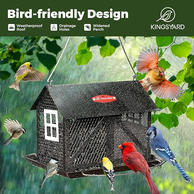 Kingsyard Metal Bird Feeder for Outdoors Hanging, 2-in-1 Wild Bird Feeder with Seed Tray & Built-in Perch, 5 lb Large Capacity for Cardinal Chickadee Finch, Black