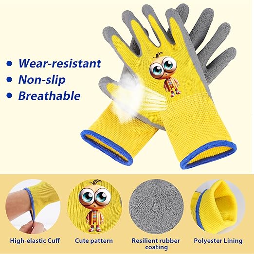 Kids Gardening Gloves, 2 Pair Toddler Gardening Gloves, Toddler Boy Garden Gloves, Rubber Non-Slip Safety Work Gloves for Kids, Fishing, Cycling and Gardening Tools (Ages 3-5, Yellow & Blue)