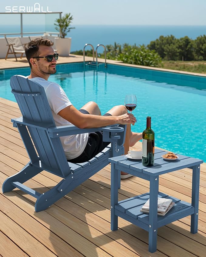 SERWALL 2-Tier HDPE Outdoor Side Tables Set of 2, Weatherproof Rectangular Adirondack Side Table, Blue
