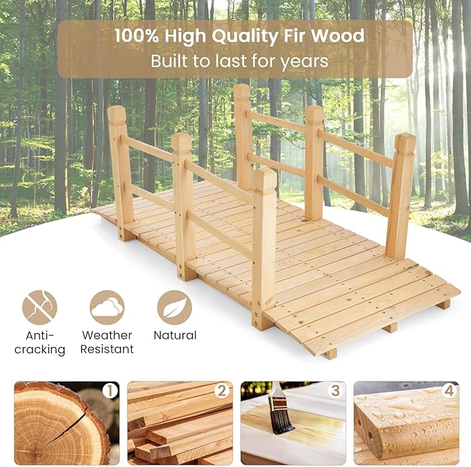 HAPPYGRILL 5FT Wooden Garden Bridge, Decorative Pond Landscaping Bridge with Classic Arc Footbridge & Double Safety Railings, Garden Bridges for Outdoors, Backyard, Garden Farm (Natural)
