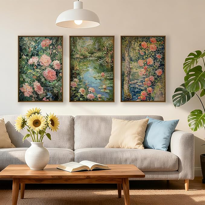 QTUSYUR Watercolor Rose Flower Wall Art - Large Farmed Country Garden Pond Art Print - Plant with Floral Canvas Artwork for Farmhouse Living Room- Vintage Abstract Painting for Home Decor 16”×24”×3