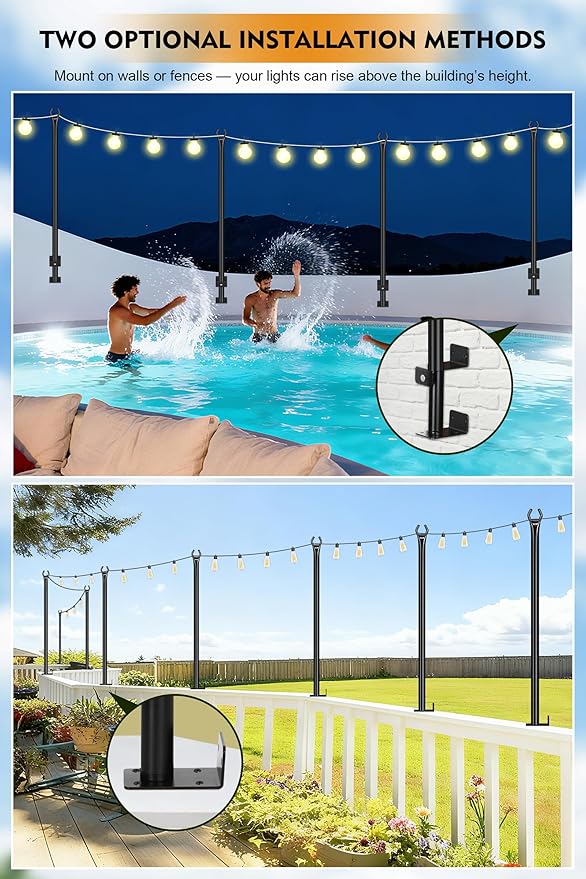 FEED GARDEN 5 Ft String Light Poles with Fence Brackets, Black Metal, 4 Pack, for Outdoor Deck Patio Backyard