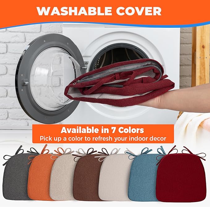 Chair Cushions for Dining Chairs, D-Shaped Seat Cushions with Removable Washable Cover and Ties, Chair Pads for Kitchen, Indoor Dining Room, Patio Chairs, 17'' x 16'', Set of 2, Red