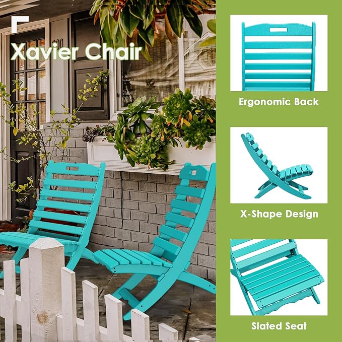 GREENVINES Folding-Xavier-Chairs Set of 4 | Wave | Portable Adirondack-Chair | HDPE Plastic | All Weather Fire-Pit Chair | Aqua | for Beach Outdoor Deck Poolside Garden Patio Porch Fishing