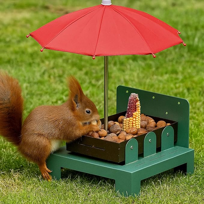 Squirrel Picnic Table Feeder with Umbrella – Metal Squirrel Feeder for Outdoors, Large Food Tray & Corn Cob Holder, Funny Picnic Table for Wildlife, Tree-Mount Squirrel Table Feeding Station