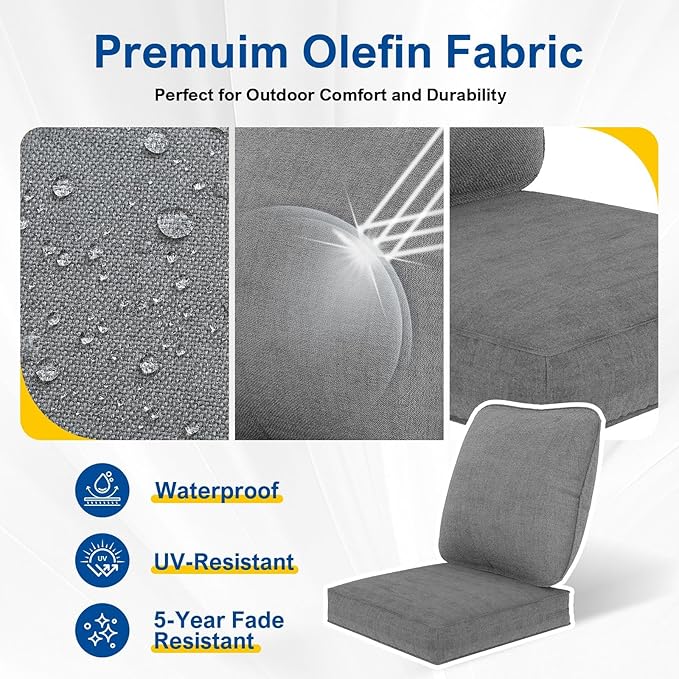 Outdoor Deep Seat Cushions Set of 2 for Patio Furniture, Waterproof & Fade Resistant Replacement Cushions with Removable Covers, 24 x 24 Inch, Light Gray